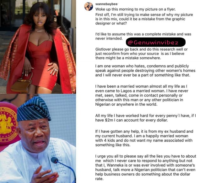 Businesswoman, Mizwanneka debunks allegations of being romantically involved with Senate President Godswill Akpabio.