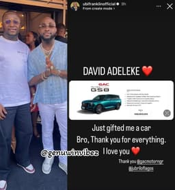 DAVIDO GIFTS CHIOMA'S MANAGER, UBI FRANKLIN, A BRAND-NEW CAR WORTH N68.8 MILLION.