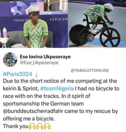 Nigerian cyclist, Ese Ukpeseraye thanks the German team for lending her a bicycle to compete, as Nigeria didn't provide one.