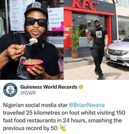 Brian Nwana, breaks Guinness World Record after eating at 150 restaurants in 24 hours.