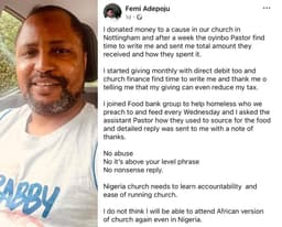 "I don't think I will be able to attend the African version of church again" - Nigerian man says following his experience in a UK church.