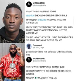 "If anything happens to me, Davido should be held responsible" - Singer Dammy Krane says as he accuses Davido of arresting him.