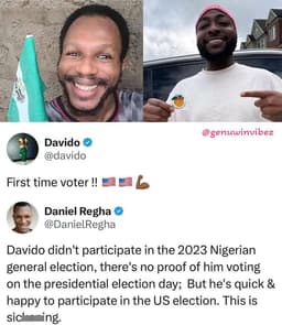 DANIEL REGHA TACKLES DAVIDO FOR ANNOUNCING HIS PARTICIPATION IN THE U.S. ELECTIONS DESPITE ALLEGEDLY SNUBBING NIGERIA'S 2023 ELECTION.