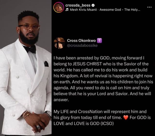 "I have been arrested by God" - BBNaija star, Cross opens up about his spiritual journey.