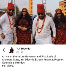 Actor Yul Edochie seemingly set to revive his political career as he tags himself and Judy as the future Governor and First Lady of Anambra State.