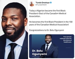 Nigerian doctor Bolu Ogunyemi becomes the first Black President-Elect of the Canadian Medical Association.