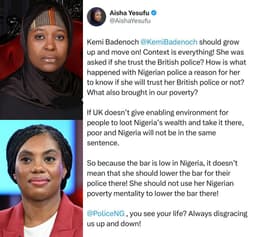 Aisha Yesufu Reacts to Kemi Badenoch's Comment on Nigerian Police