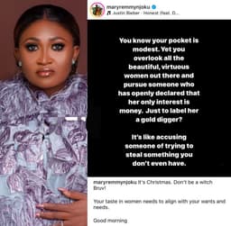 Your taste in women needs to align with your wants and needs” - Actress Mary Remmy Njoku tells men earning modest income.