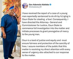 Governor Adeleke grants pardon to man sentenced to death by hanging for stealing a fowl.