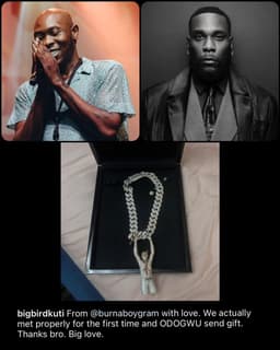 BURNA BOY GIFTED SEUN KUTI HIS CUSTOMIZED FELA DIAMOND CHAIN AFTER THEY MET FOR THE FIRST TIME