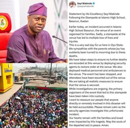 Organizers of Oyo Christmas event that claimed multiple lives due to a stampede have been arrested - Gov. Seyi Makinde.