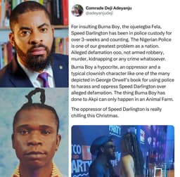 Deji Adeyanju slams Burna Boy over Speed Darlington's prolonged detention in police custody.