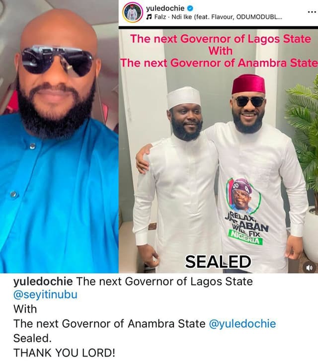 "Sealed. Thank you, Lord" - Actor Yul Edochie says as he proclaims himself the next Anambra Governor and Seyi Tinubu the next Lagos State Governor.